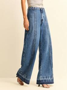 Daynim Quần jeans ống rộng cạp cao, đường may phía trước, chất liệu trơn. - Rửa trung bình - Xem 3