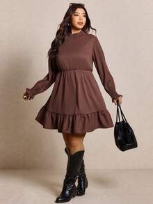 Elaquor 大码女式纯色荷叶领长袖荷叶边下摆休闲连衣裙 - 棕色 - 查看 3