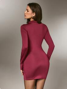 Nuvra Women's Solid Color Turtleneck Long Sleeve Ruched Mini Dress, Autumn/Winter Red Dress Elegant Dresses For Women New Year Dress 2-In-1 Breast Pad - Burgundy - View 2