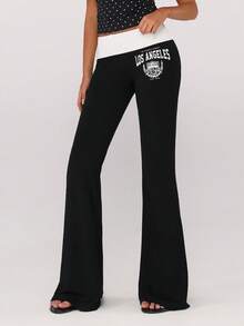 Sweetina 休闲学院风折叠腰带印花喇叭裤 - 黑色 - 查看 4