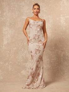 Lumalex 女士优雅性感卡其色深V领刺绣网纱开衩无袖修身连衣裙，春秋季 - 卡其色 - 查看 6