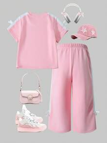 SHEIN Casuvi Kid Girls 2-Piece Set: Pink Knit T-Shirt + Wide Leg Pants, Bow Decor, Side Contrast Trim, Cute & Casual American Style, Suitable For Spring/Summer Daily, Sports, Vacation - Pink - View 2