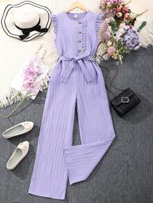 SHEIN 少女休闲纯色短袖连体裤，夏季 - 紫色 - 查看 1