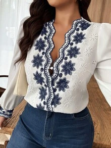 Weeklong Plus Size Women's Contrast Color Embroidered Casual Shirt, Autumn/Winter - Blue and White - View 3
