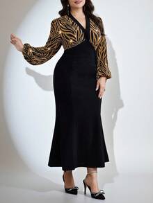 Modelyn Plus Size Women V-Neck Fitted Long Sleeve Dress Curve Elegant Dress - Gold - View 6