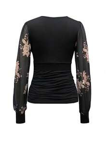 EMERY ROSE 女士刺绣薄纱深V领T恤图案上衣 - 黑色 - 查看 2