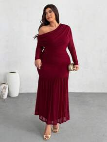 Firerie 大码女士优雅长袖不对称领口连衣裙，优雅褶裥腰身针织中长连衣裙，适合派对和日常穿着，也可作为晚礼服，适合秋季、返校季、教师装、约会、四季皆宜，优雅百搭，适合通勤、聚会、派对、婚礼季、毕业典礼、舞会、演出、音乐会、工作、返校季、年会、生日、假日等场合。 - 酒紅色 - 查看 3