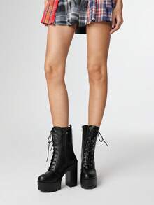 ROMWE Grunge Punk Women's Versatile Commuter Thick High-Heeled Boots - Black - View 2