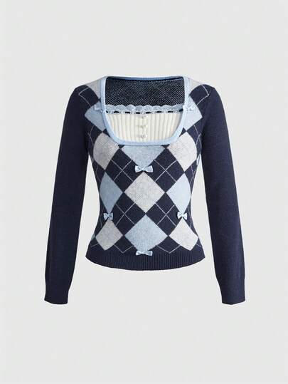 Kawaii Jersey ajustado con estilo preppy Y2K, diseño de cuadros argyle y moño lindo