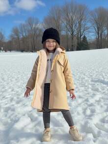 Genkimix Kids Young Girl Solid Color Long Sleeve Single-Breasted Casual Fleece Hooded Jacket, Autumn/Winter - Khaki - View 3