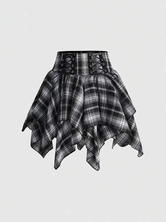 J-Fashion Jupe mini asymétrique à ourlet pour femmes avec nœud papillon et œillets, style punk vacances preppy à carreaux