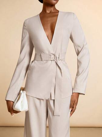 SHEIN Veneréa 女士优雅纯色系带夹克和裤子套装
