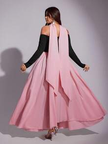 Viva Relle 大码女式优雅纯色针织高弹力面料水钻和珍珠装饰露肩设计拼色高领连衣裙，适合派对、圣诞节、生日、婚礼嘉宾、秋冬 - 彩色 - 查看 2