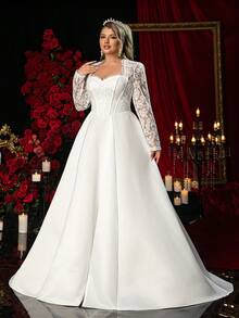 Glamrae Plus Size Elegant Romantic White Palace Sweetheart Neck Long Sleeve Sheer Waist Boned Decor French Lace Patchwork A-Line Wedding Dress (Heavily Embellished Design), Valentine's Day - White - View 2