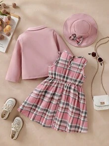 Elladie kids Conjunto de 3 piezas de estilo vintage para niñas: Chaqueta de mezcla de lana de unicolor con cuello de solapa + Vestido sin mangas de cuello redondo a cuadros + Boina a juego de mezcla de lana, para primavera y otoño - Rosa - Ver 2