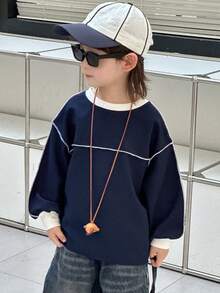 Dazy Kids 男童撞色圆领落肩长袖休闲宽松卫衣 - 藏蓝色 - 查看 5