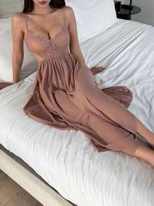 DAZY 透视蕾丝撞色网纱高开衩露背吊带性感睡裙女士内衣 - 藕粉色 - 查看 5