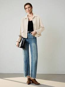 Uhlyne 女士复古经典硬币图案优雅休闲西装外套，带假口袋和纽扣，简约通勤夹克 - 米色 - 查看 3