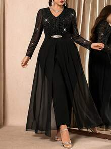 Gownix Curvy Plus-Size Women's Romantic And Elegant Party Jumpsuit, Black V-Neck With Sheer, Shimmering Silver-Stamped Mesh, Lantern Sleeves, Fitted Waist, Cape Style, Long Length, Made Of High-Quality, High-Elasticity Knit Fabric,Formal Jumpsuits For Women, New Year Women's Clothes , New Year Look , Elegant Dresses For Party , Curvy Party Dresses,Going Out ,Graduation Dress For Women ,Long Graduation Dress , Elegant Long Ball Gown , Prom Dresses For Women , Formal Ball Gowns For Women , Prom Dress Plus Size,Sparkly Dress ,Sequin Dress,Night Out,Date Night Outfits Women,Mother Of The Bride Dresses For Wedding,Formal Dresses For Women ,Luxury Dress,Chic Evening Dress ,Black Formal Dress For Women/Winter,Christmas And New Year,Party,2025 New,Elegant Party Dress,Women's Formal Wear ,Christmas,New Year,Hanksgiving Outfit For Women,Elegant Dresses For Women, Stylish Clothing Collection Valentine's Day Outfit - Black - View 4
