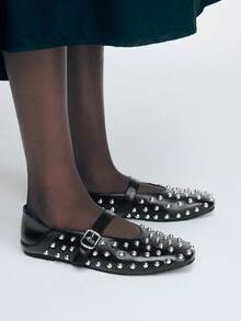 Mnmlis Nya snygga Mary Jane-balettskor, trendig nitspännedesign, bekväma och mångsidiga damskor - Svart - Visa 2