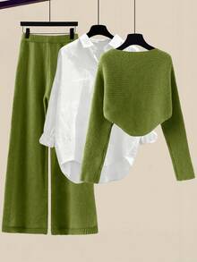 GlowEve Women's Casual Solid Color Sweater & Pants 2 Pieces Set - Dark Green - View 2