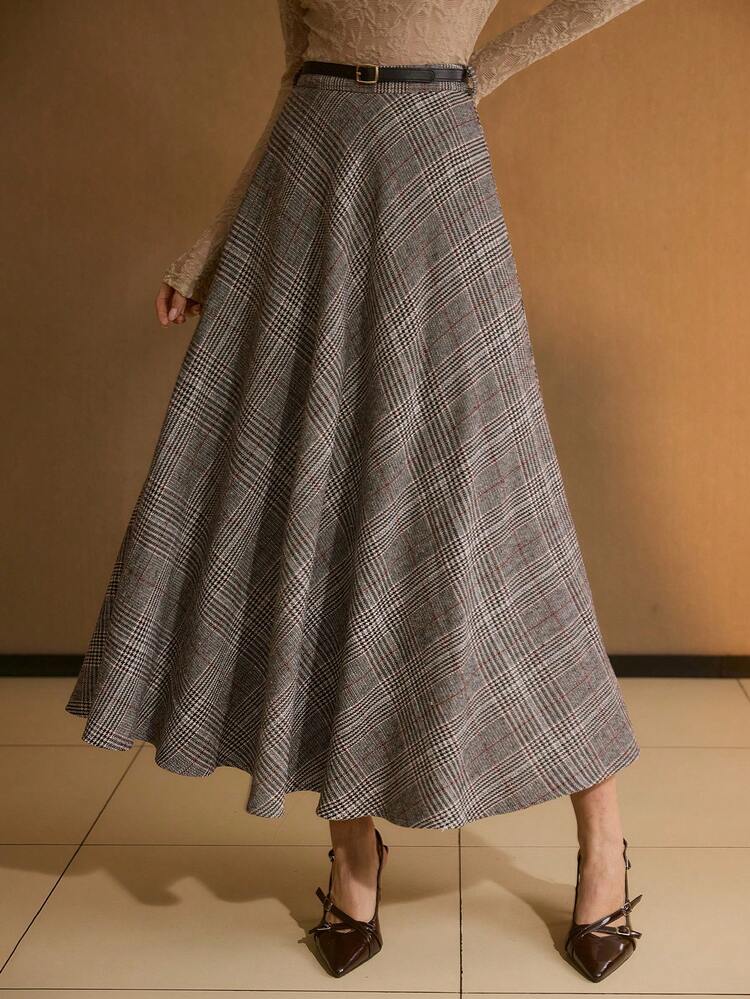 WOMEN'S HOUNDSTOOTH PLAID PRINT BELTED FLARE SKIRT, AUTUMN/WINTER