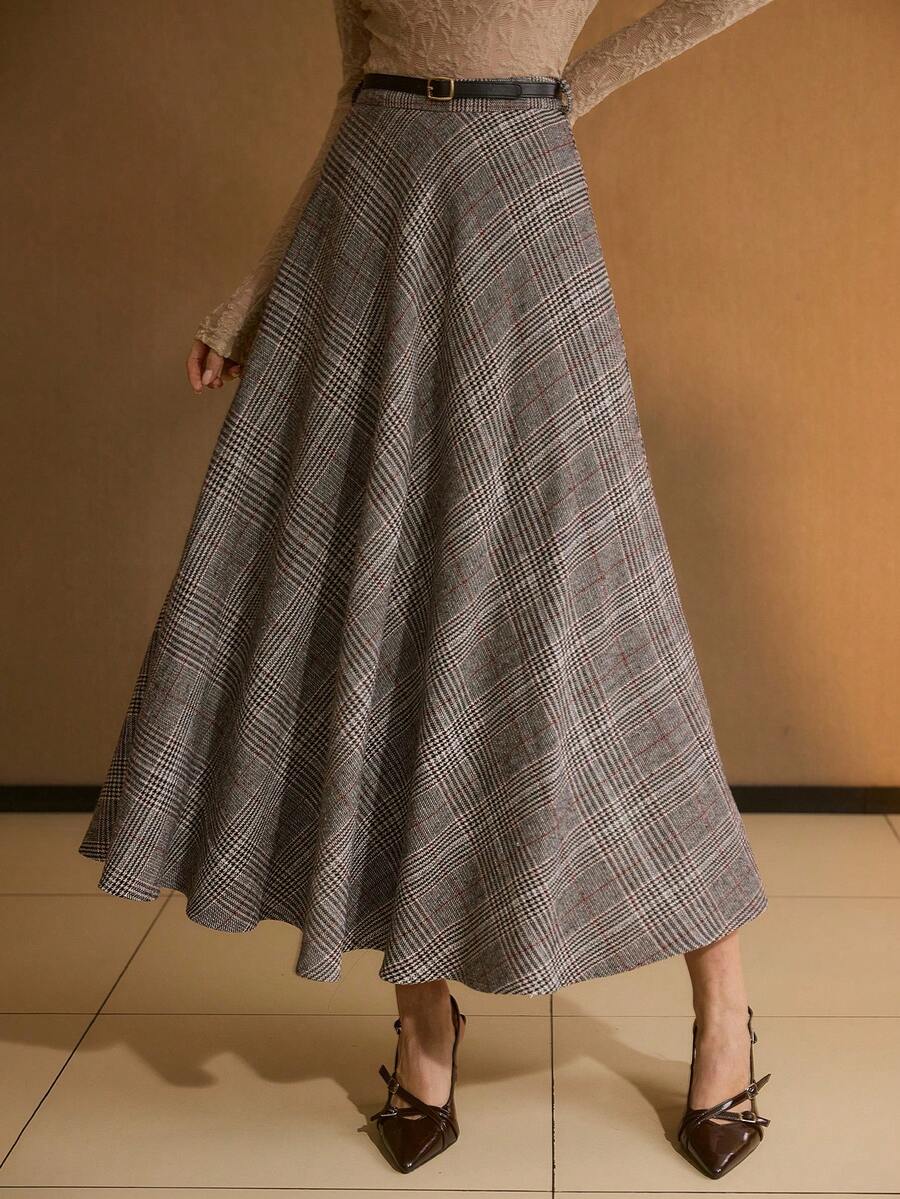 MOTF PREMIUM WOMEN'S HOUNDSTOOTH PLAID PRINT BELTED FLARE SKIRT, AUTUMN/WINTER - Grey - View 1