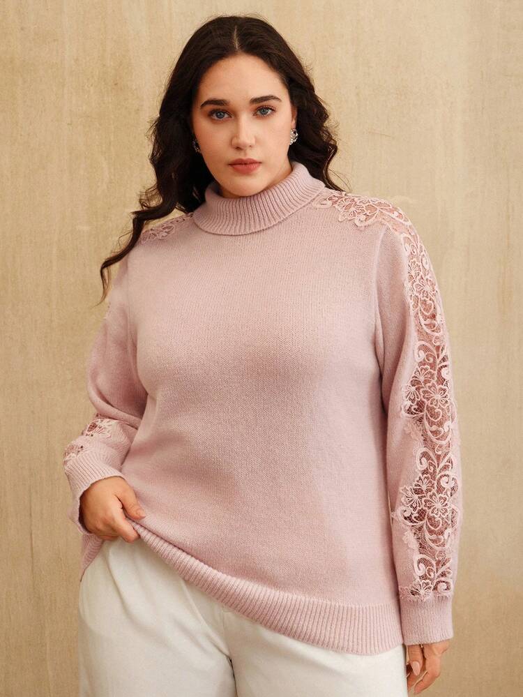 Valentine Elegant Pink Hollow Lace High Neck Soft Plus Size Women Sweater, Autumn/Winter
