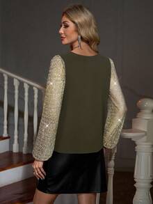 SHEIN Clasi Women's Sequin Patchwork V-Neck Loose Long Sleeve Fashionable Blouse Glitter Top Women Sequin Top Women - Army Green - View 2