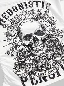 ROMWE Goth Y2K Retro Skull Print Short Sleeve Lace-Up 2 In 1 Crop Top - White - View 4