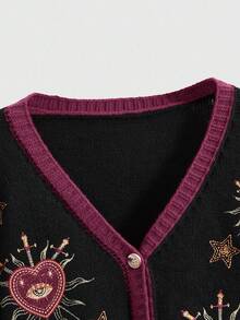 ROMWE Goth 哥特式神秘女巫风格太阳、月亮、星星、心形、眼睛刺绣撞色大码女式开衫毛衣 - 紫色 - 查看 5