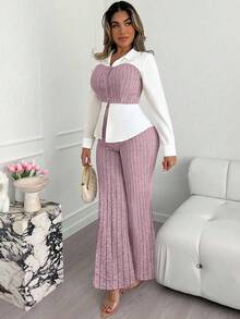 Xyvia 杏色和白色奢华通勤高端成熟智慧女士长袖上衣和阔腿裤两件套，AB面料拼接衬衫领翻领修身腰部上衣，罗纹阔腿裤，适合办公室、校园、商务、旅行、秋冬春季休闲穿着。 - 粉色 - 查看 4