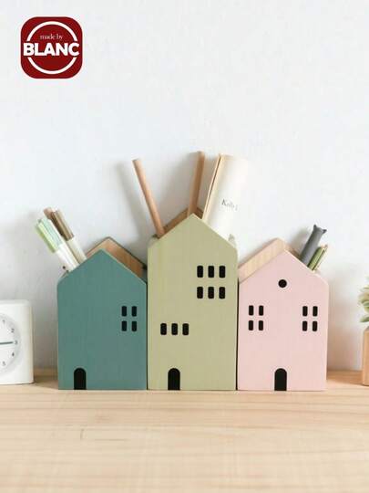 Madebyblanc 1个木质房屋造型笔筒，优雅简约设计，适用于宿舍学习用品、文具收纳盒、化妆刷收纳盒、办公桌收纳盒、家居装饰。可收纳钢笔、剪刀、眉笔等小物件，非常适合公司、返校季、居家和学生使用，书桌配件、桌面收纳盒、化妆品收纳盒、笔筒