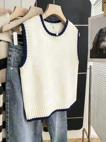 Franclia Casual Loose Crew Neck Sleeveless Knit Contrast Trim Khaki Sweater Top For Women, Spring/Autumn - Beige - View 6