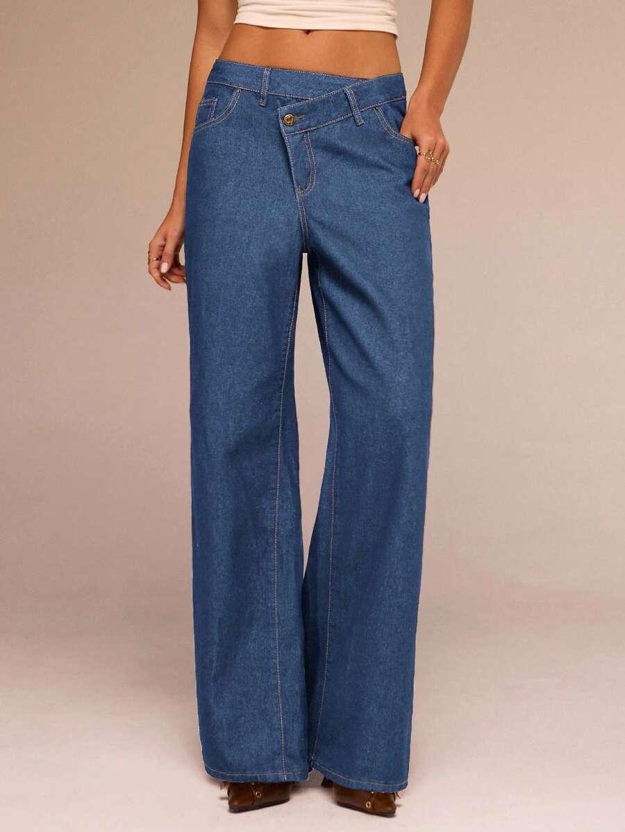 SHEIN Forever 21 Quần jeans ống đứng màu xanh đậm, cạp bất đối xứng, thoải mái cho mùa tựu trường - Rửa tối - Xem 1