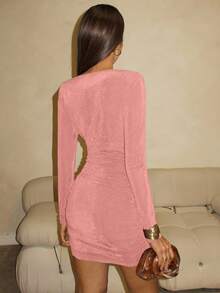 Glamine Đầm ôm sát cổ xếp ly thanh lịch mùa thu dành cho nữ - Hồng - Xem 2