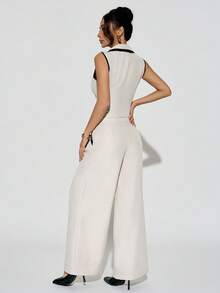 SHEIN PETITE 女士优雅通勤撞色饰边背心裤套装 F，所有女士服装，返校季，教师装，优雅婚礼宾客礼服，商务休闲女装，优雅婚礼宾客礼服，复古风格女装，女士纽扣衬衫，秋冬季 - 白色 - 查看 2