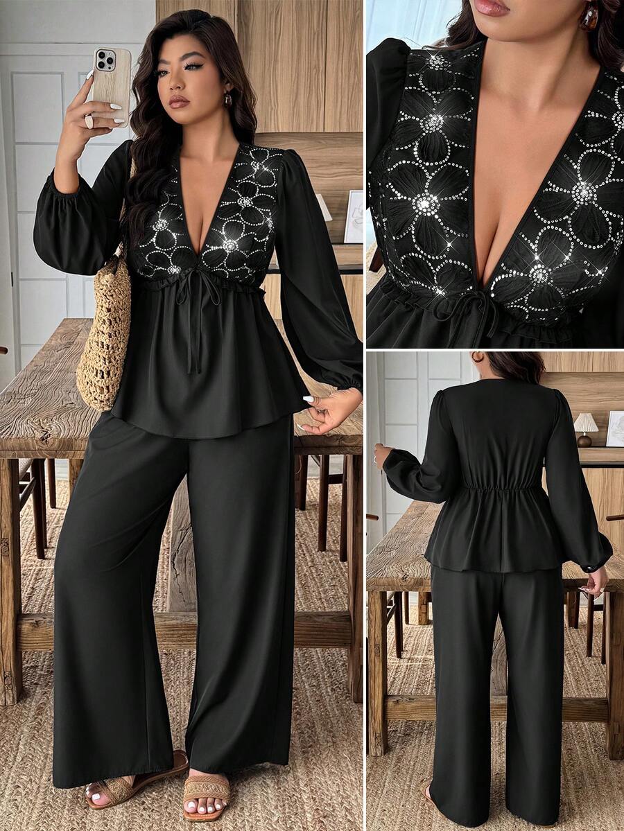 Weeklong Damen Große Größen V-Ausschnitt Pailletten Patchwork Rüschen Saum Schleife 2-teiliges Set, Herbst/Winter - Schwarz - Übersicht 1