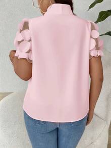 EMERY ROSE Plus Size Women Elegant Casual Mesh Patchwork Sleeve Blouse - Pink - View 2