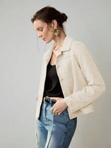 Uhlyne 女士复古经典硬币图案优雅休闲西装外套，带假口袋和纽扣，简约通勤夹克 - 米色 - 查看 4