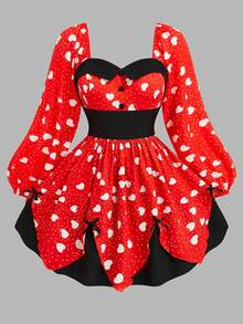 Sweetra Plus Size Women's New Vintage Romantic Bold Avant-Garde Cute Fashion Heart Digital Print Contrast Color Stage Nightclub Party Bar Long Sleeve Dress, Suitable For Valentine's Day, Back To School, Holidays, Thanksgiving, Music Festivals, Daily Outings, Christmas, Spring, Autumn, Summer - Multicolor - View 1