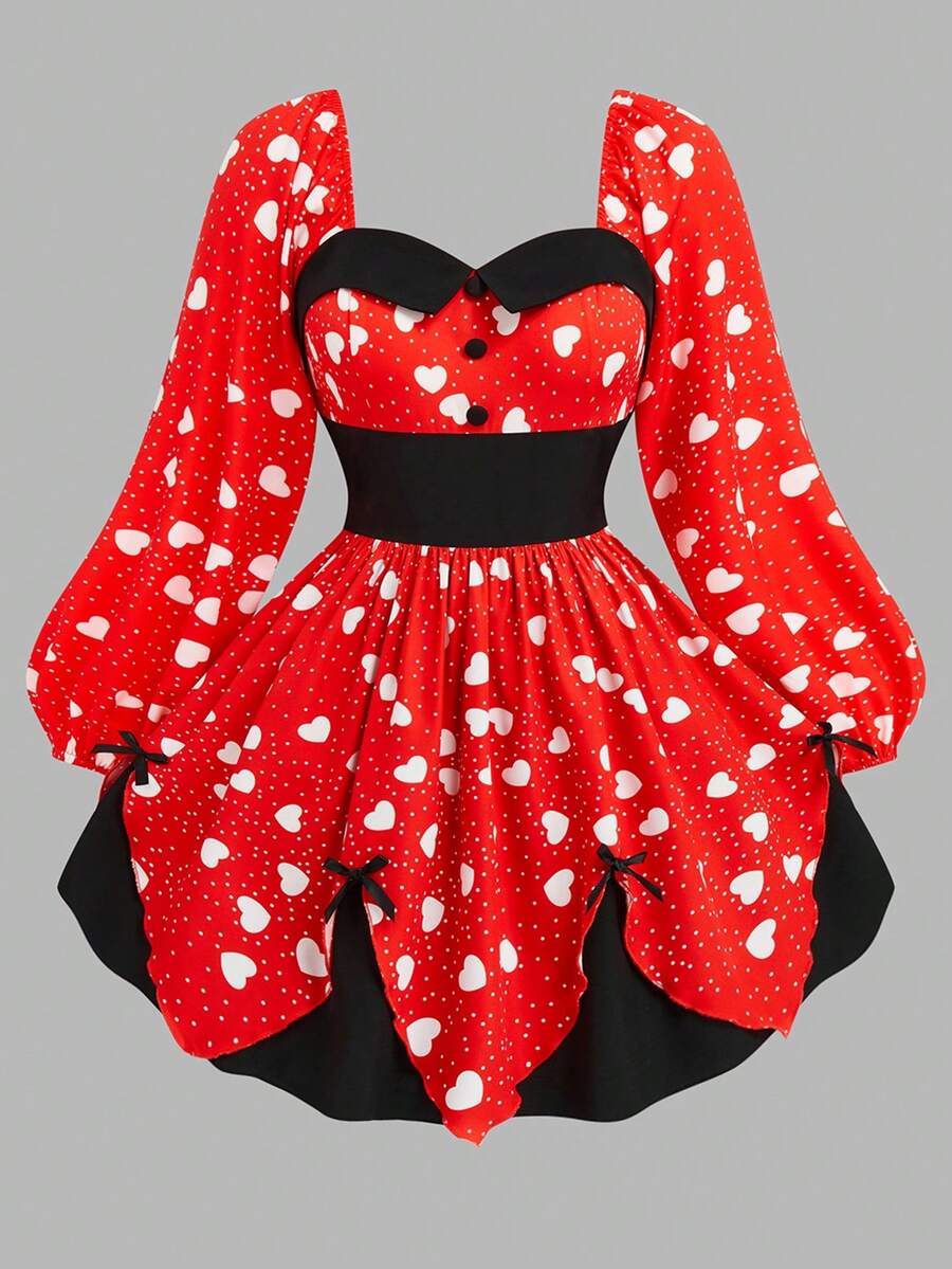 Sweetra Plus Size Women's New Vintage Romantic Bold Avant-Garde Cute Fashion Heart Digital Print Contrast Color Stage Nightclub Party Bar Long Sleeve Dress, Suitable For Valentine's Day, Back To School, Holidays, Thanksgiving, Music Festivals, Daily Outings, Christmas, Spring, Autumn, Summer - Multicolor - View 1