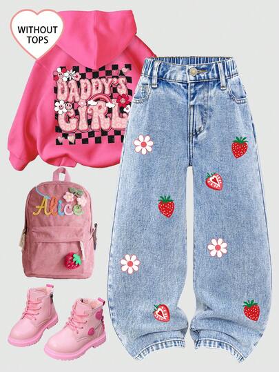 SHEIN ChillGRL Girls' Jeans With Cute Strawberry & Flower Pattern, New Arrival, Suitable For All Seasons, Comfortable Denim Fabric, Light Blue Wash, Straight Loose Fit, Fashion Minimalist, Elastic Waistband, Versatile Girls Casual Jeans Strawberry Jeans Strawberry Outfits