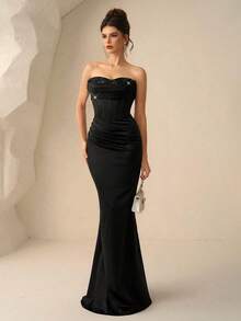 Coutiva 女士纯色亮片褶皱设计无肩带鱼尾下摆正式晚礼服 - 黑色 - 查看 5