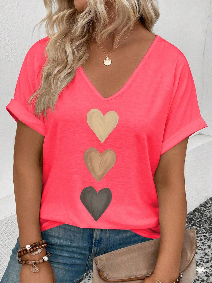 EMERY ROSE 女士V领袖口渐变爱心印花休闲百搭T恤，春夏款 - 紅色 - 查看 1