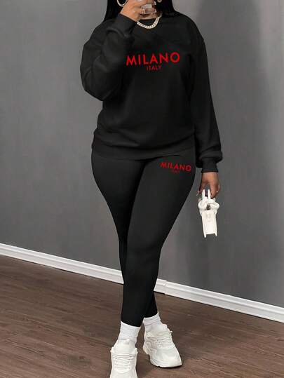 Slaydiva 两件套休闲简约“MILANO”字母标语印花宽松圆领长袖卫衣和修身打底裤套装