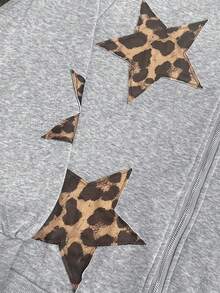 INAWLY Women's Drop Shoulder Zip-Up Hooded Leopard & Star Print Casual Sweatshirt - Grey - View 3