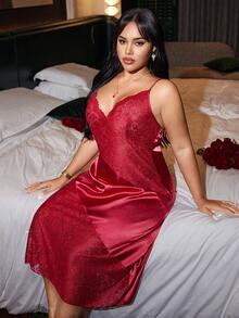 SilkySpell Lace Patchwork High Slit Maxi Dress,Plus Size Elegant Gown For Valentine's Day Wedding,Summer Burgundy Spaghetti Strap Curve Lingerie Nightgown - Burgundy - View 1