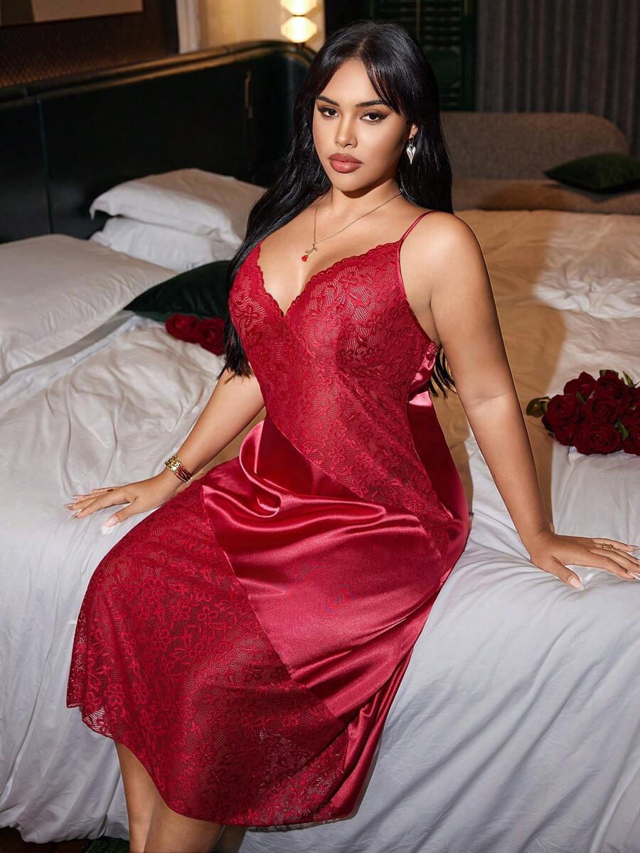 SilkySpell Lace Patchwork High Slit Maxi Dress,Plus Size Elegant Gown For Valentine's Day Wedding,Summer Burgundy Spaghetti Strap Curve Lingerie Nightgown - Burgundy - View 1