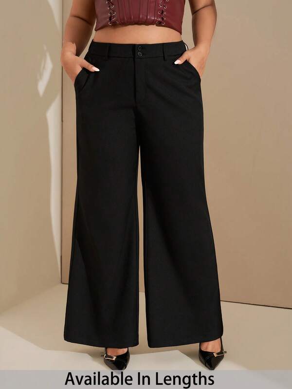 SHEIN Tall CURVE Pantalones anchos de pierna ancha de unicolor de cintura baja y versátiles de moda para mujer, pantalones de vestir anchos de pierna negros